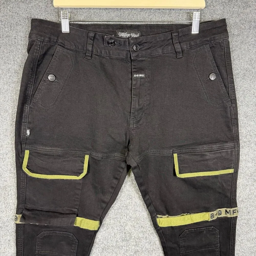 8&9 MFG Mens Cargo Pants Size 38(36x32) Black Vintage Wash Tactical Strap Detail